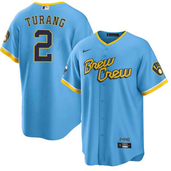 Mens Milwaukee Brewers #2 Brice Turang Blue 2022 City Connect Cool Base Stitched Jersey